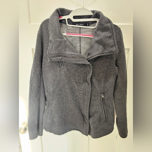 Max Jeans Jackets & Blazers - Max Jeans Gray Knit Moto Jacket L Asymmetrical Zip Fleece Lined Cotton Blend